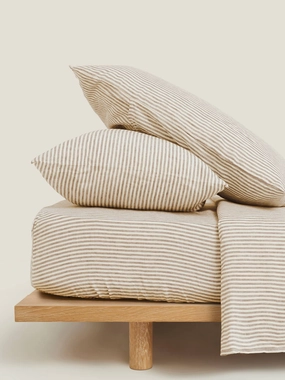 100% Linen Fitted Sheet in Olive Stripes