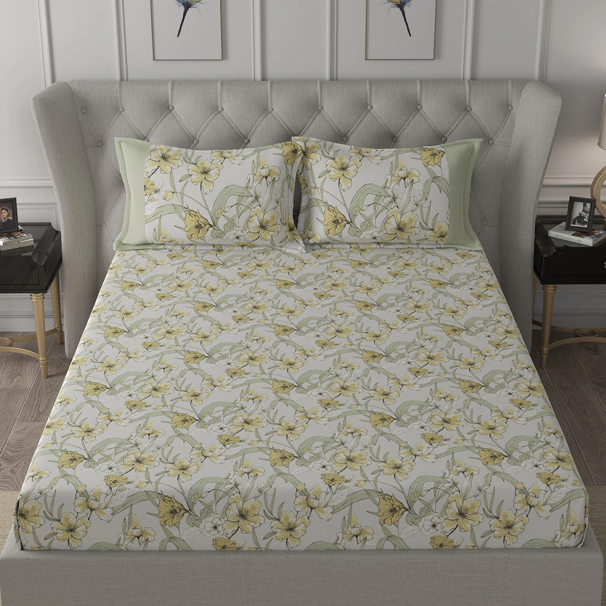 Backyard Patio Valencia Printed 100%Cotton Yellow Bed Sheet with Pillow Case