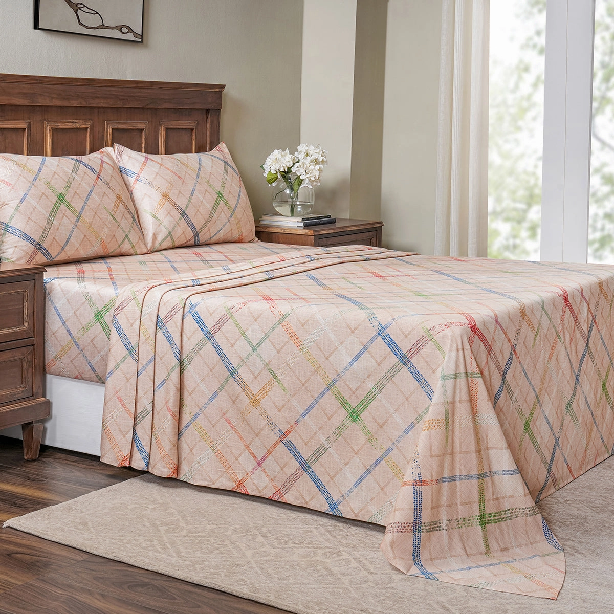 Eclectic Geo Rhombus Digital Print 100% Cotton Beige Bed Sheet with Pillow Case