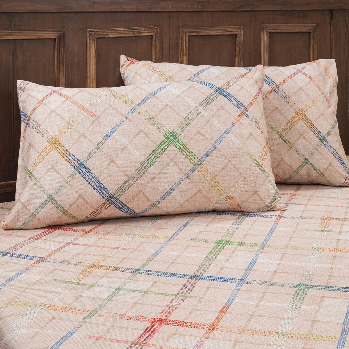 Eclectic Geo Rhombus Digital Print 100% Cotton Beige Bed Sheet with Pillow Case