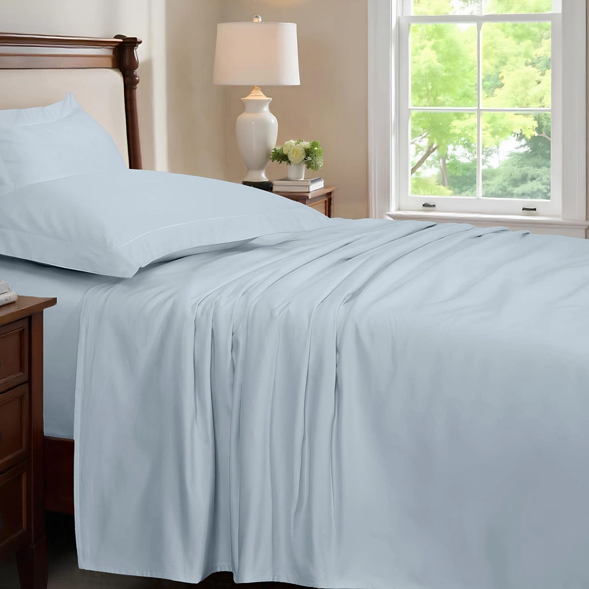 Glamique 100% Cotton Solid 1000 TC Blue Bed Sheet with Pillow Case