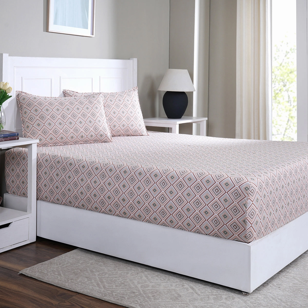 Hermosa Sensory Bloom Jude 100% Cotton Printed Fitted Sheet with Pillow Case Peach
