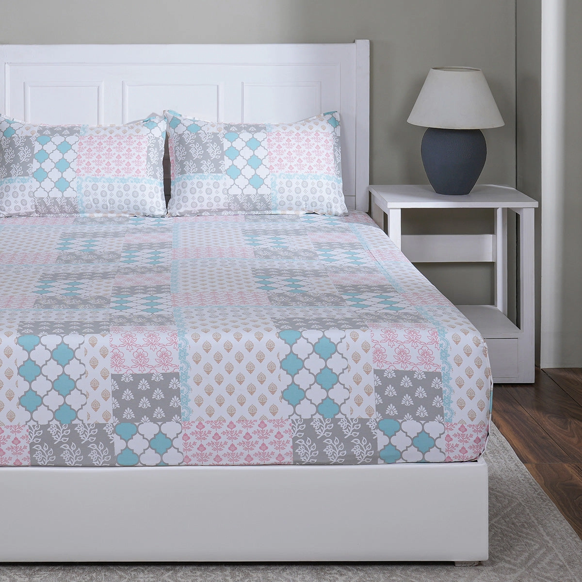 Hermosa Sensory Bloom Lennon 100% Cotton Printed Fitted Sheet with Pillow Case Blue