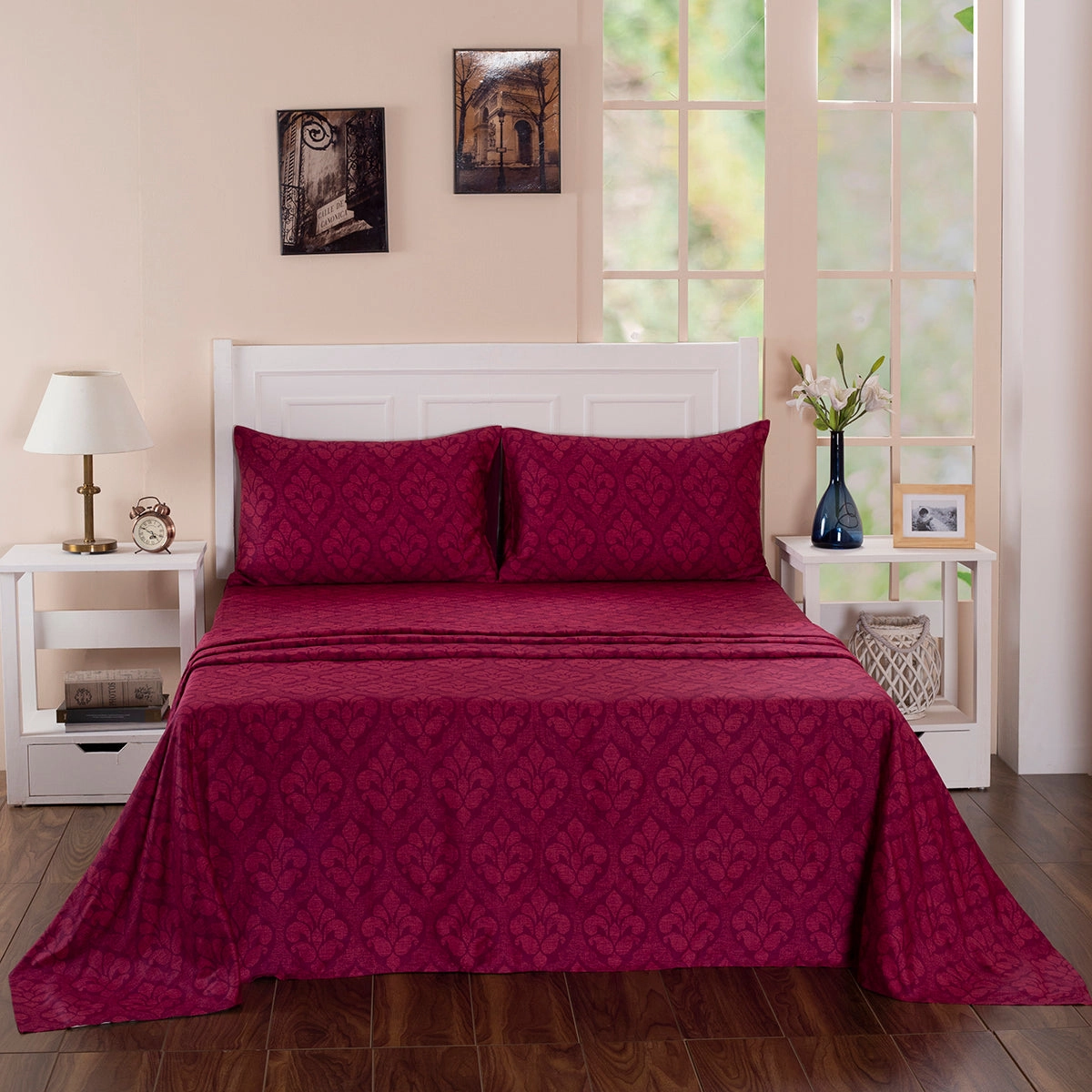 Royal Botanic Diamond Festivity 200 TC Red 100% Cotton Bed Sheet With Pillow Case