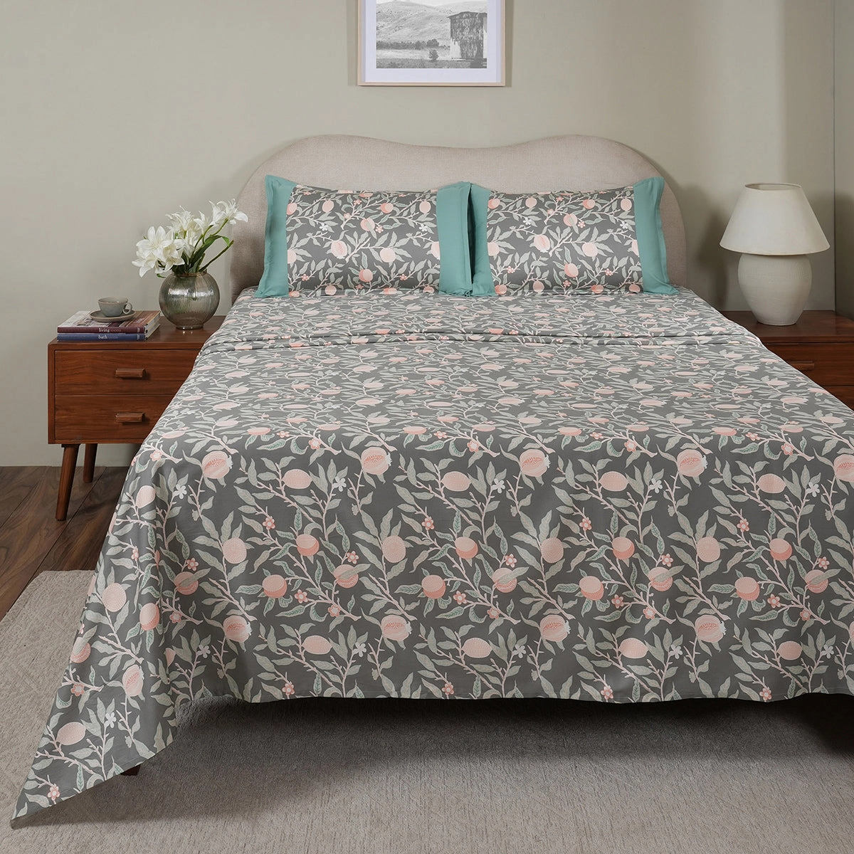 Sensory Bloom Granada 100% Cotton Green Bed Sheet with Pillow Case