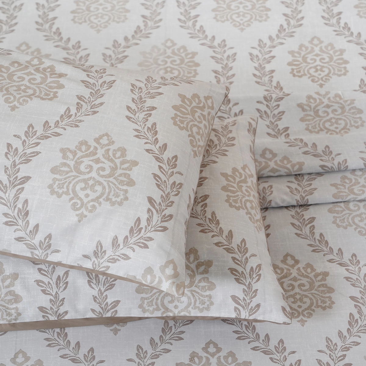 Tranquil Essence Lawn Leaflet 100% Cotton Printed Beige Bed Sheet With Pillow Case
