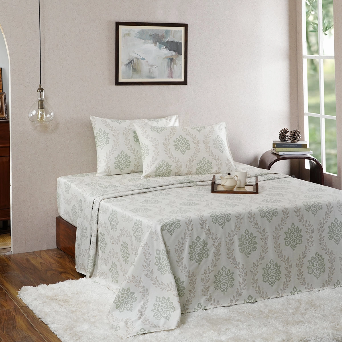 Tranquil Essence Lawn Leaflet 100% Cotton Printed Green Bed Sheet With Pillow Case