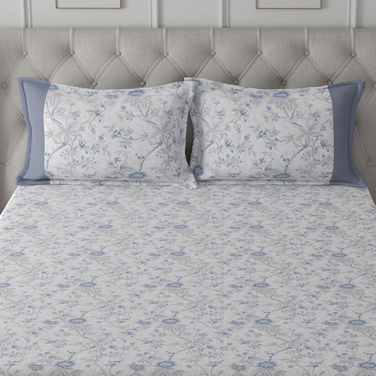 Tranquil Serenity Floral Impression 100% Cotton Printed Blue Pillow Case Set Of 2