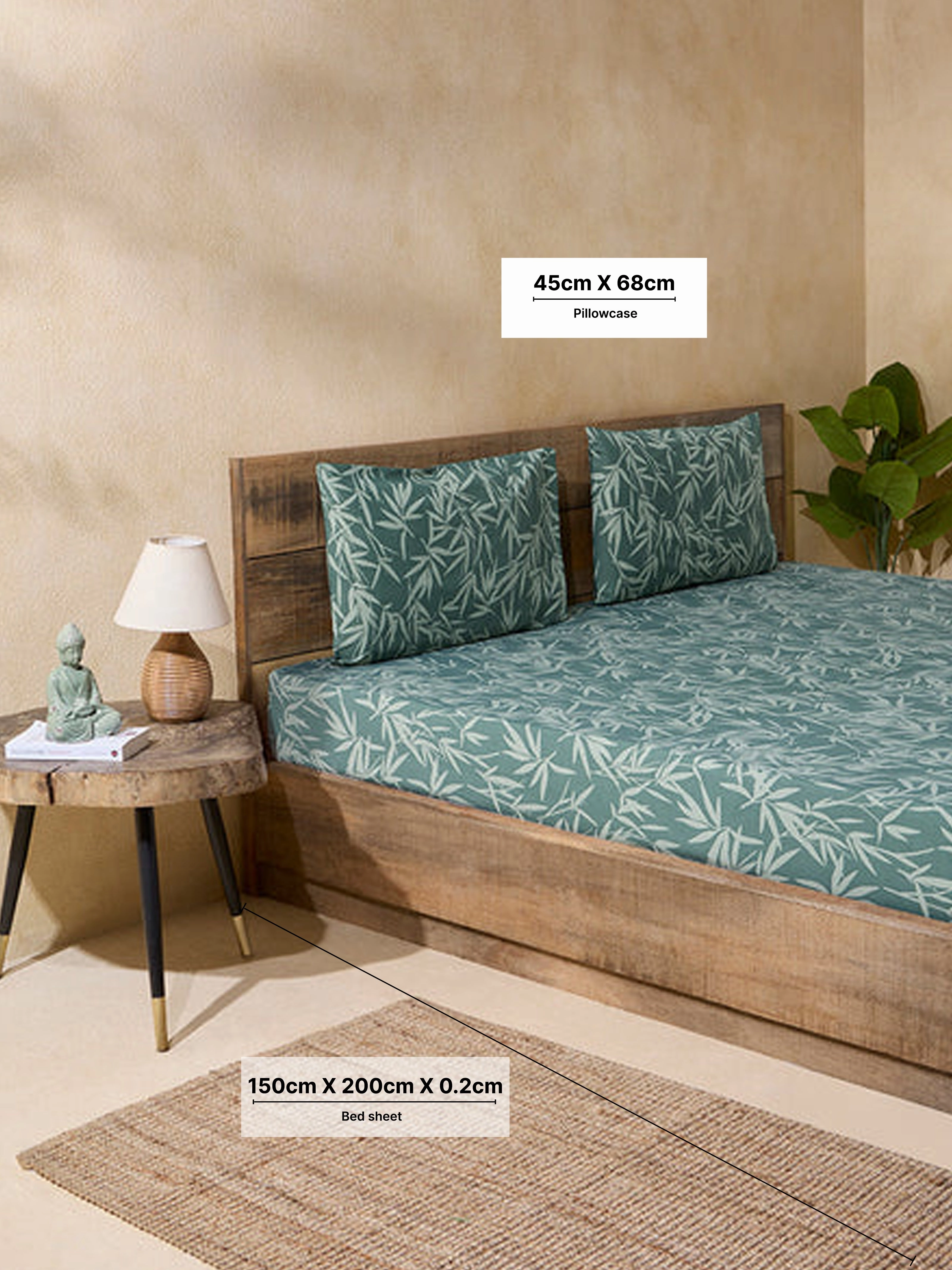 Westside Home Dark Green Leaf Design Queen Bed Fitted Sheet and Pillowcase Set