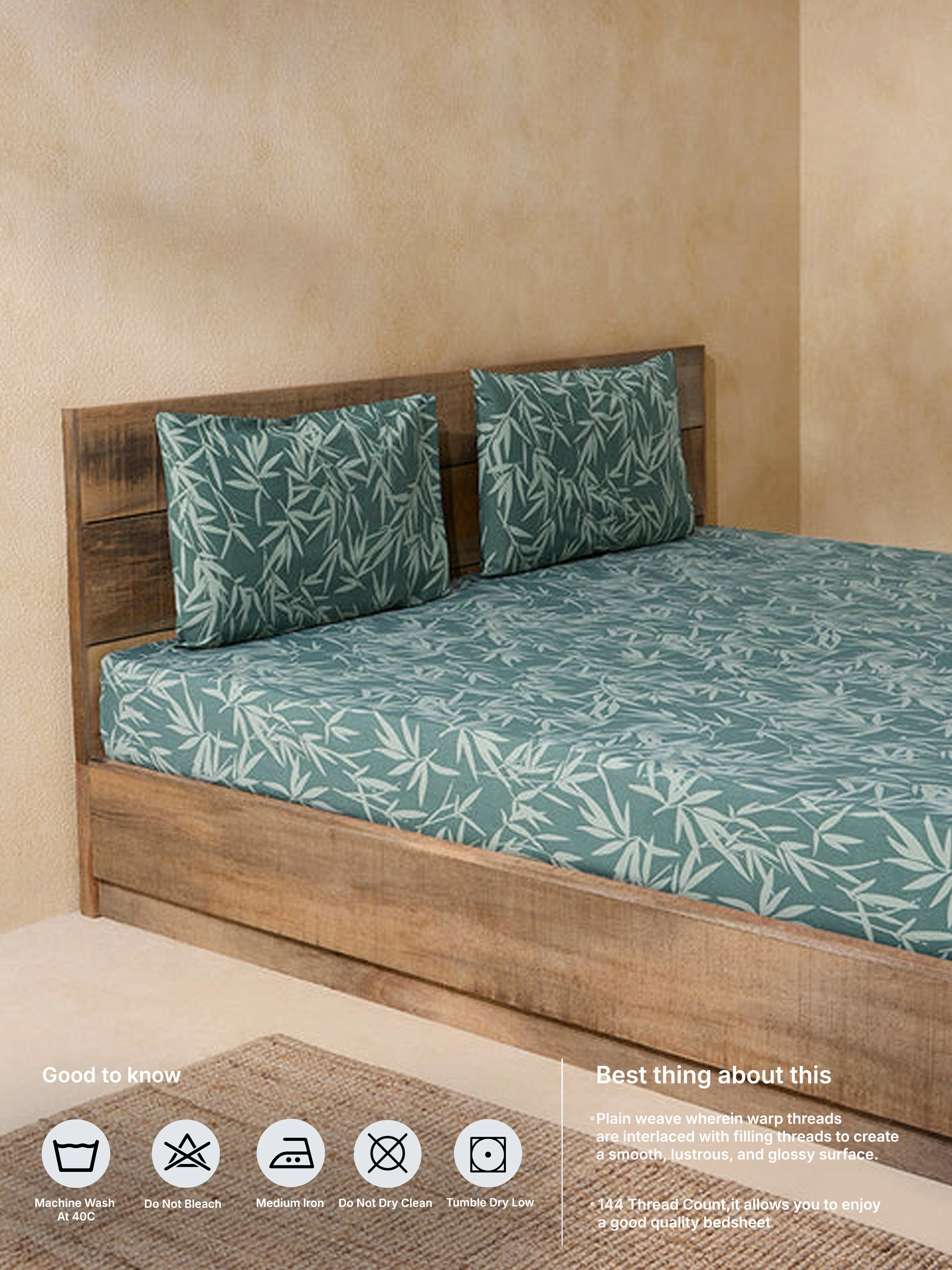 Westside Home Dark Green Leaf Design Queen Bed Fitted Sheet and Pillowcase Set